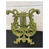 11ï¿½ vintage green cast metal lyre harp tabletop