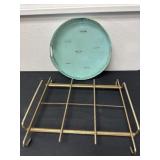 Metal turquoise tray with metal tray stand