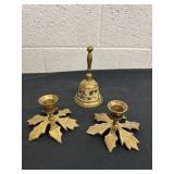 Brass bell with 2 brass candle holders