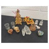 Group of mini figurines, shakers, and wood decor