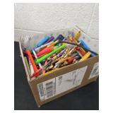 Box of pencils, markers, and more
