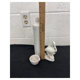 Ceramic bottle with bird figurine, and dish