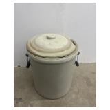 Six gal crock with handles, lid is broke