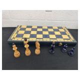 wooden chessboard with a blue and natural wood