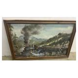 Vintage Log Train Painting 34x23in
