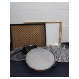 Large group of wooden trays one with wicker,