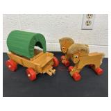 vintage wooden pull toy Covered wagon 2 horses