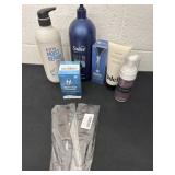 Box of brushes, conditioner, shampoo, menï¿½s body