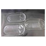 3 Clear Glass Oval Snack Trays Ridged Cut Design