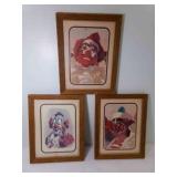 3 Framed 9" x 7" Clown Prints