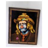 19" x 23" Sad Hobo Clown Painting on Black Velvet