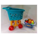 Kid Plastic Shopping Cart w/Basket of Plastic