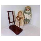 2 Vintage Dolls - wood Doll Stand w/Body