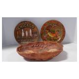 Folk Art hand paint rooster wood plate; 3D