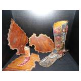 metal western boot w/ spur; arrowhead wood mounts