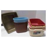 cat litter box; 2Vintage trash cans; 7 dishpans