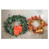 fall wreath, lighted Christmas wreath