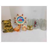 5 mugs; glass gold bear; ceramic ashtray