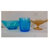 Pink Depression cany dish; Hazel Atlas blue