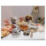 home dï¿½cor lot- Hanging angel; vintage powder jar