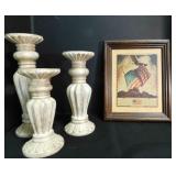 wood candle holders, vintage frame art of US flag