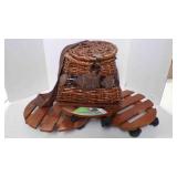 3 wood plant cady on wheels, wicker fishing creel
