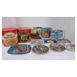 Vintage metal souvenir snack trays, tin canisters