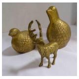 3 brass figurines pair of ducks/birds, reindeer