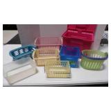 pink plastic file box; 7 other plastic containers