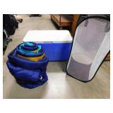 Coleman cooler; sleeping bag, folding hamper