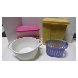 vintage small hamper; 3 Sterlite tubs; 2 plastic