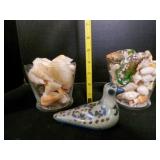 2 containers seashells, ceramic pottery dove