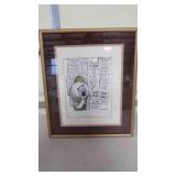 Political cartoon, framed, signed by artist