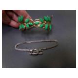 Mesh Rope Bracelet & Gold Tone Leaf Design w/Green