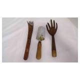 2 Vintage Hand Cultivator Wood Handles Trowels