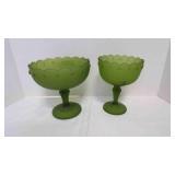 2 Indiana Glass Frosted Green Satin Green Compote