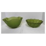 Frosted Olive Green Glass Ruffled Serving Bowl