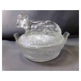 Clear Glass Cow on a Nest Dish Basket