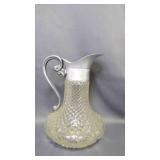 Diamond Cut Glass Pitcher W/Metal Handle & Spout