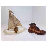 Glass Sailboat Ashtray w/Metal Sail Needs Repair