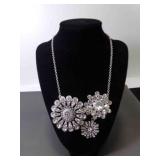 Silver Tone 3 Rhinestone Flower Necklace