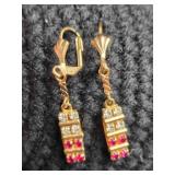 Gold tone drop earrings w/ ruby & clear tone gems
