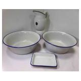 4 Enamelware Lined w/Blue , Pitcher, Small 4 Enamelware Lined w/Blue , Pitcher, Small