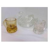 Clear Glass Swan Dish, 2 Federal Glass Mini Mugs Clear Glass Swan Dish, 2 Federal Glass Mini Mugs