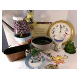Gardening items, pots, vases, frog, clock