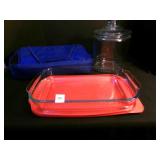 Lidded glass Canister, Pyrex 9x13 dish & carrying