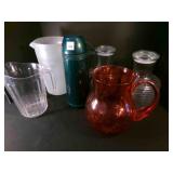 3 Plastic Pitchers, 2 Ribbed Glass Water Jars