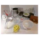 Measuring cups, custard cups, recipe box-empty