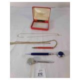 Pin Brooch w/ pen on chain, pen on chain