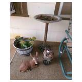 Metal Bird bath, plastic owl filled with sand